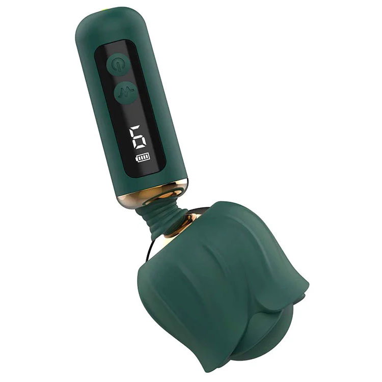 Adam & Eve Royal Rose Mini Wand vibrator in green with flower-shaped head and digital display